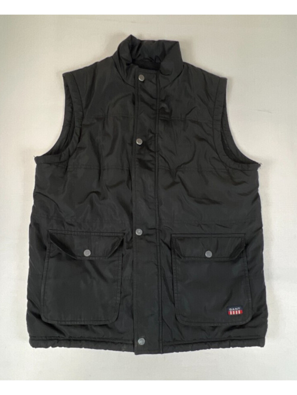 Gant Mens XL Black Full Zip Quilted Cotton Outerwear Vest Logo Flap Pockets
